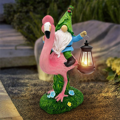 Gnomes Flamingo with Solar Lantern, Whimsical Decor for Garden, Yard, Patio, Lawn, LED Lights - Unique Gift for Women, Mom, Friends(Blue Gnomes)
