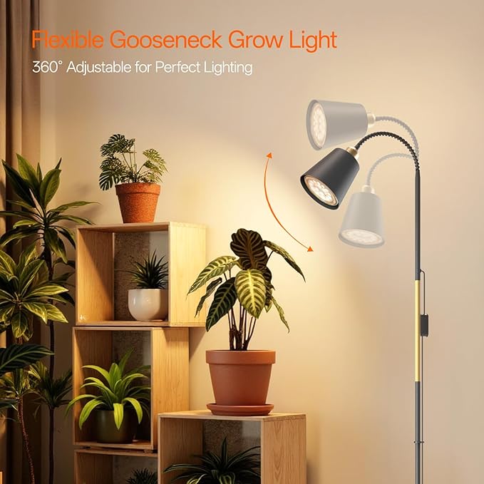 Bstrip Floor Grow Light for Indoor Plants, 65" Tall Standing Grow Light, 18W Non-Dimmable LED Plant Light with Optical Lens, Full Spectrum Plant Light with Flexible Gooseneck & Smart Timer