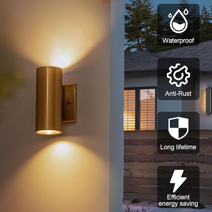 Modern Outdoor Wall Light 2 Packs Up and Down Lights, 7" Gold Exterior Light Fixture for House Porch Patio Garage