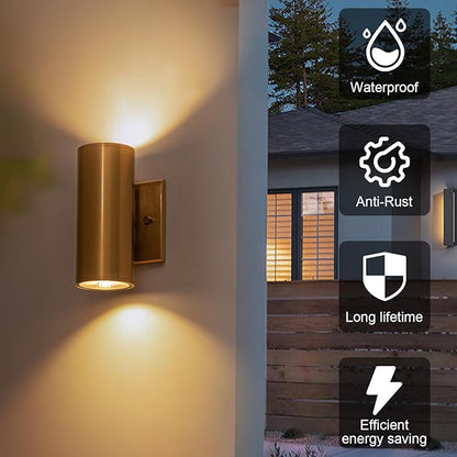Modern Outdoor Wall Light 2 Packs Up and Down Lights, 7" Gold Exterior Light Fixture for House Porch Patio Garage