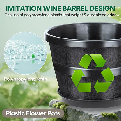 UNEED 10 inch Plant Pots, 4 Pack Plastic Flower Pots with Drainage Holes & Saucers, Retro Outdoor Indoor Garden Planters for Plants, Patio, Lawn Decor (Black)