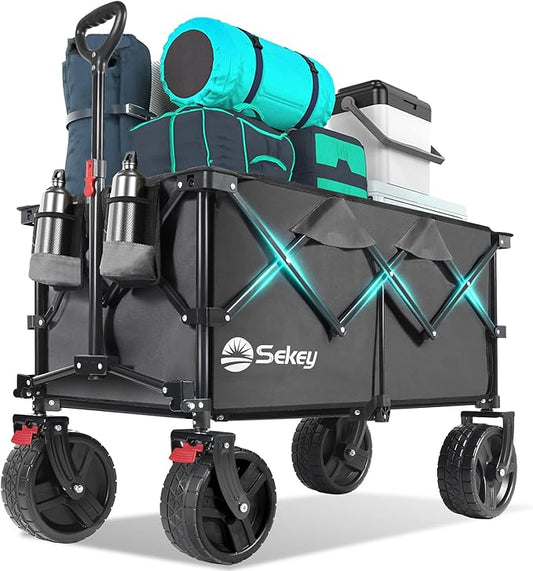 Collapsible Wagon Cart with Big All-Terrain Beach Wheels, Foldable Heavy Duty Wagons with Cup Holders, Utility Carts for Camping, Garden, Outdoor, Grocery, Sports. Grey