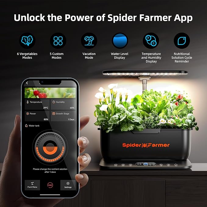 Spider Farmer SmartG12 Hydroponics Growing System, 12 Pods Indoor Garden with 36W LED Grow Light Full-Spectrum, APP & WiFi Controlled, 6L Water Tank, Pump System, Automatic Timer