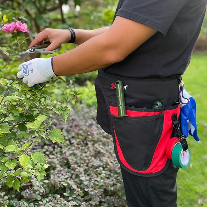 KUNN Garden Tool Belt,Durable Adjustable Tool Belt Waist Pouch with 4 Pocket for Women Men Gardeners Florist Red