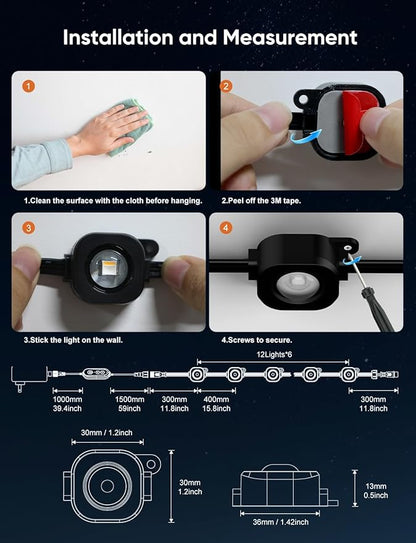 Permanent Outdoor Lights 50ft,RGBW Eaves Light with 36 LED Lights,111+ Scenes Modes Outdoor Lighting, Waterproof Permanent Light for Daily Holiday Halloween Decorations, Compatible with Alexa,Black