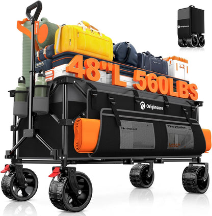 48" L Collapsible Wagon Cart Foldable, 560lbs Weight Capacity 300L Heavy Duty Folding Beach Wagons with Big All-Terrain Wheels, Utility Carts for Groceries, Shopping, Camping, Sports - Grey&Black