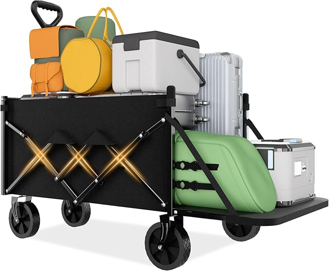 Favoyard Collapsible Wagon Carts with Extended Tailgate, Foldable 130L & 330LBS Portable Folding Wagons with All - Terrain Wheels & Drink Holders for Shopping, Garden, Camping & Beach, Black