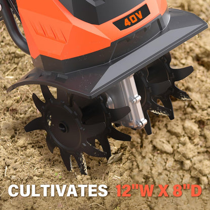 MAXLANDER Cordless Tiller Cultivator, 40V 12-Inch Brushless Battery Powered Garden Tiller with 4 Steel Tines, Powerful 280 RMP Rototiller, 2x4.0Ah Battery and Charger Included