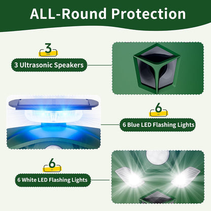 Solar Ultrasonic Animal Repeller Outdoor, 360° All Round Cat Deterrent Outdoor with 6 Flashing Lights and 3 PIR Sensors, Deer Repellent for Repelling Sankes, Raccoons, Cats, Dogs
