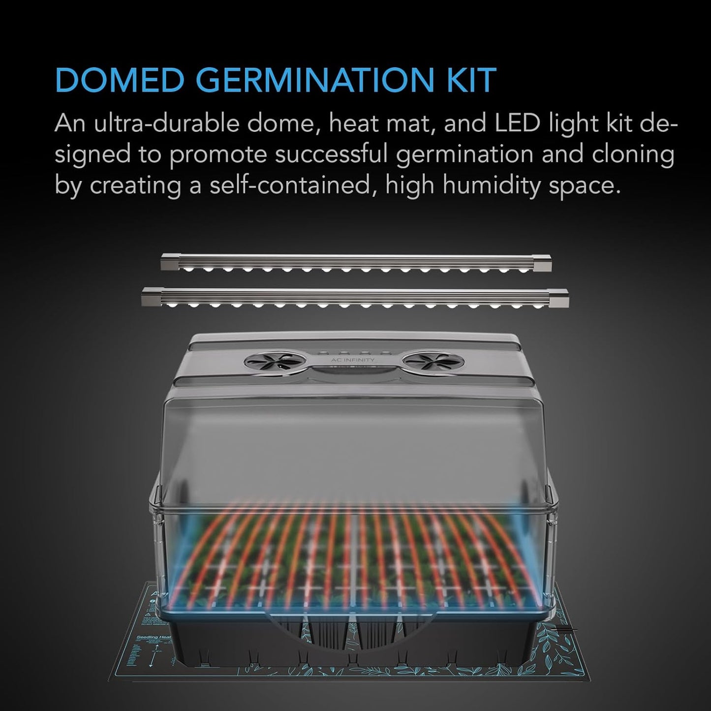 AC Infinity Heavy-Duty Humidity Dome 5x8 Germination Kit, Full Spectrum LED Grow Light Bars w/Samsung LM301H EVO LEDs, Heat Mat, 3 mm Thickest Dome, Trays, Vented Panels, for Seed Starting