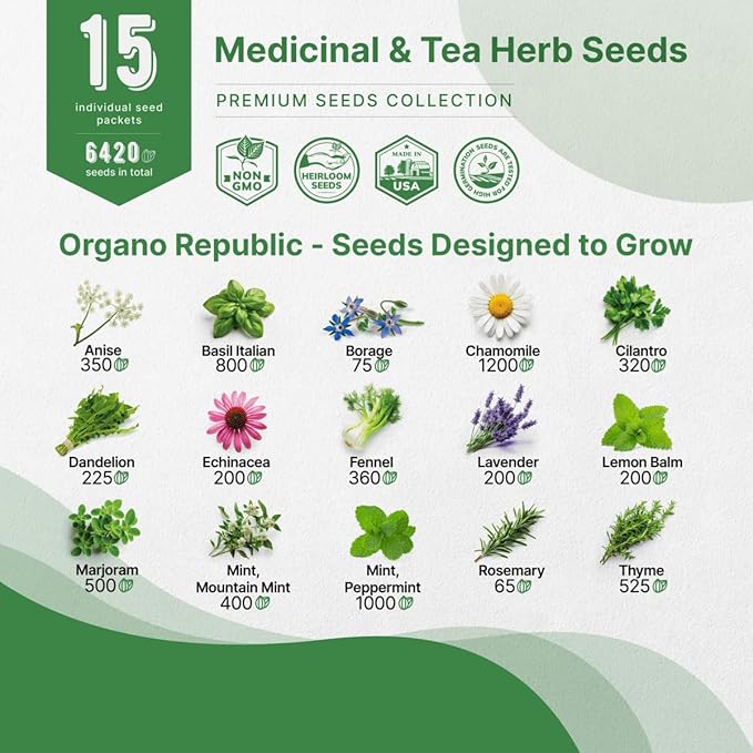 Organo Republic 15 Medicinal & Tea Herb Seeds Variety Pack 6,420+ Non-GMO Heirloom Garden Seeds for Indoor & Outdoors, Including Anise, Borage, Cilantro, Chamomile, Dandelion, Rosemary Seeds