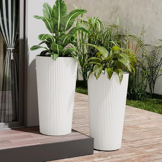 23.6" Tall Planters for Outdoor Plants,Large Outdoor Planters for Front Porch Decor with Drainage Hole, Flower Pots Fits Indoor Plants Patio/Garden, Plastic Striped White (2 Pack)
