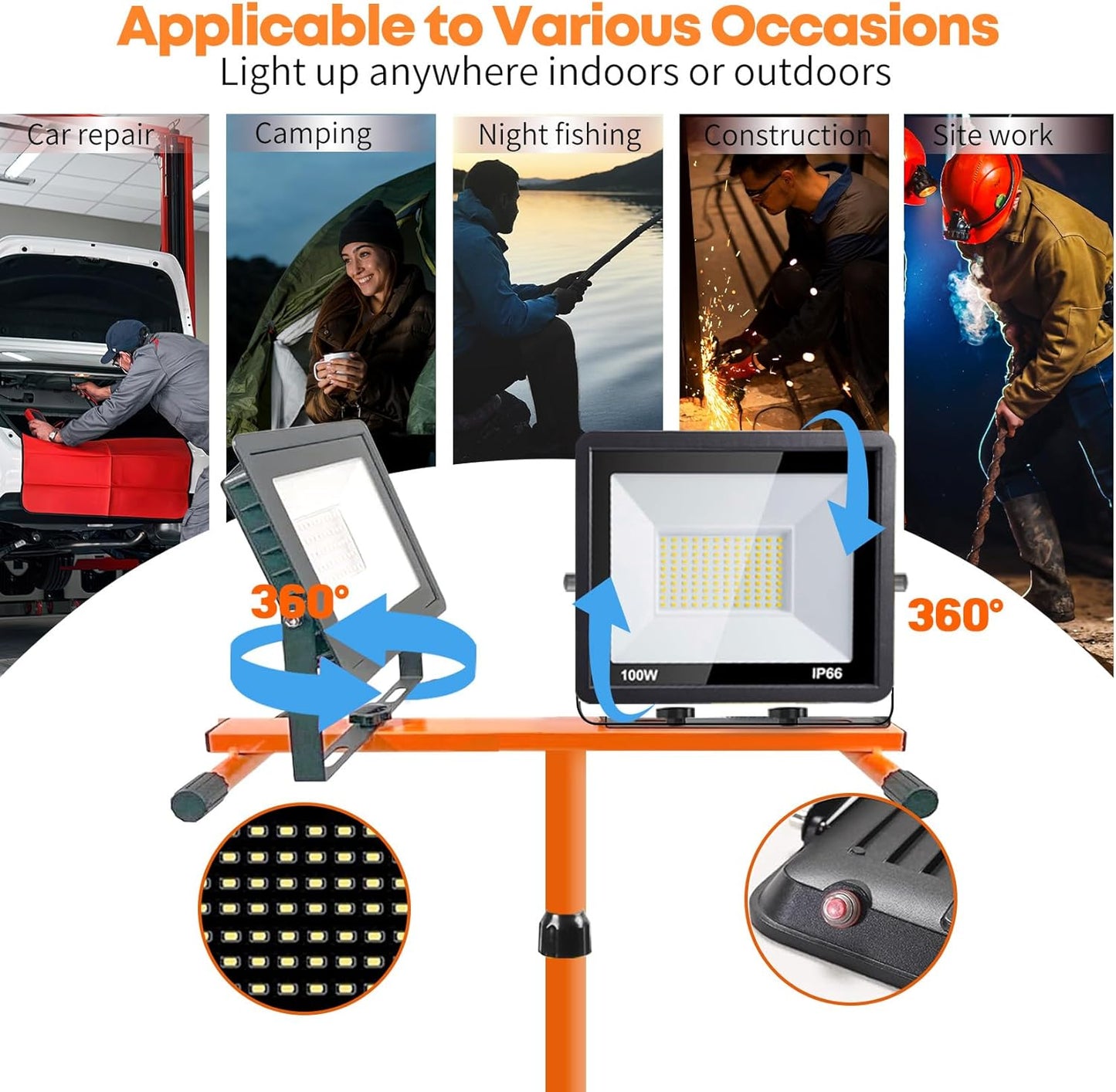 21000 Lumen Work Lights with Stand, 2 Adjustable Head LED Work Light, with Adjustable and Foldable Tripod Stand, Waterproof Lamp with Individual Switch with 6500 Kelvin Color Temperature