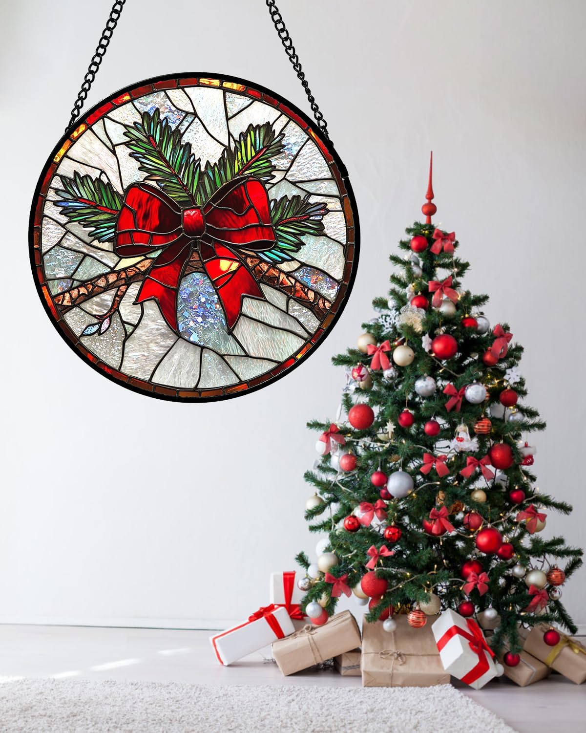 Stained Glass Window Hanging - Pine Branches Red Bow Suncatcher for Doors Home Christmas Decoration Silver Sun Catcher Thanksgiving New Year Birthday Gifts for Women Men Mom Nana 15 in
