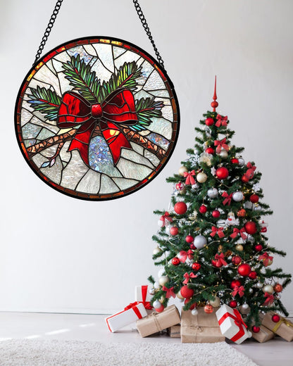 Stained Glass Window Hanging - Pine Branches Red Bow Suncatcher for Doors Home Christmas Decoration Silver Sun Catcher Thanksgiving New Year Birthday Gifts for Women Men Mom Nana 15 in