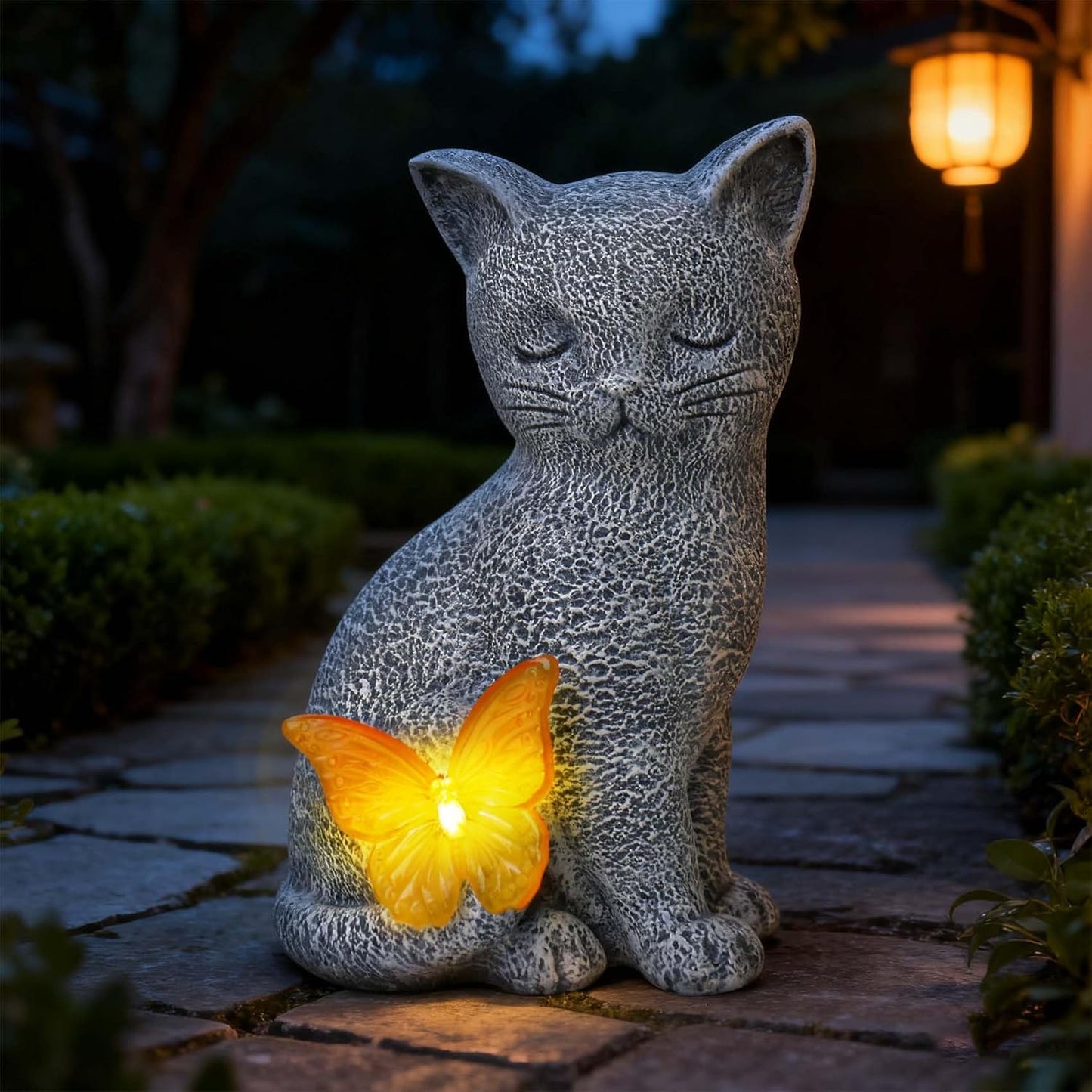 Solar Cat Garden Statue with Butterfly Light, Outdoor Garden Decor Cat Figurines Ornaments for Home Patio Yard Balcony Lawn, Cats Lover Gifts for Women, Mom, Grandma