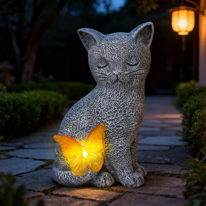 Solar Cat Garden Statue with Butterfly Light, Outdoor Garden Decor Cat Figurines Ornaments for Home Patio Yard Balcony Lawn, Cats Lover Gifts for Women, Mom, Grandma