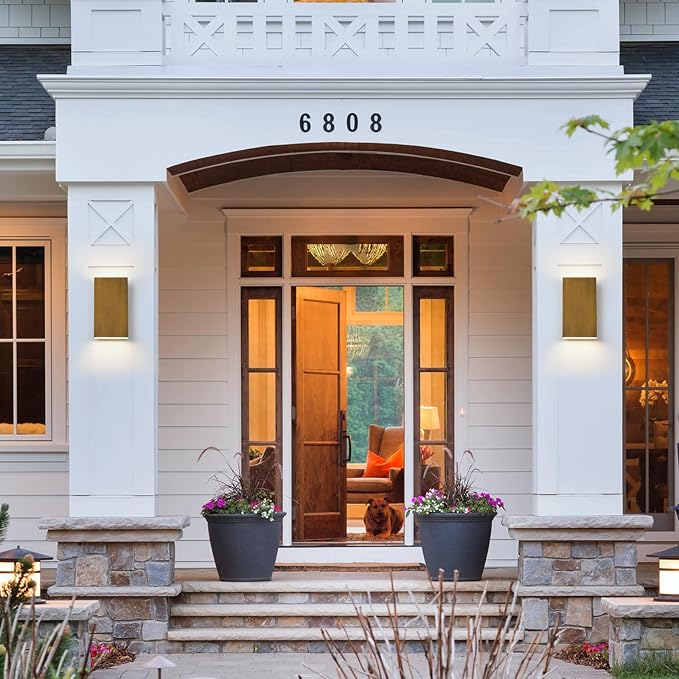 Handmade Gold Up and Down Outdoor Wall Lights 10" LED Patio Wall Light Fixture Rectangle Exterior Lighting Fixtures for House, Porch Entryway Front Door Patio Garage (10W, 3000K/4500K/6000K)