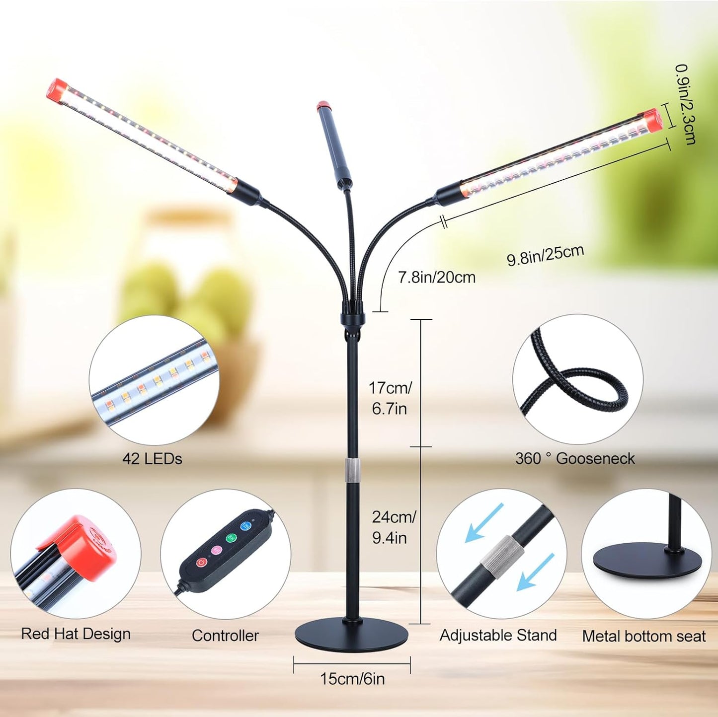 3-Head Table Top Grow Lights for Indoor Plants, Seed Starting, Bonsai with Timer, 27W Power Home Plug, FECiDA 2025 Full Spectrum Plant Growing Lamps, 16"-24" Height Adjustable