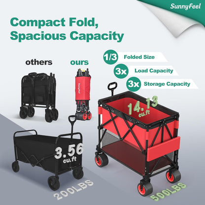 SUNNYFEEL Heavy Duty Collapsible Outdoor Utility Wagon Cart 500LB Capacity Adjustable Handlebar,Foldable Beach Wheels Stable Durable Oxford Fabric for Shopping Garden Camping (Red, Double Deck)