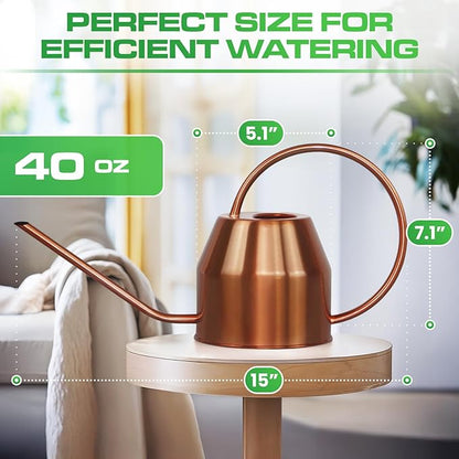 Plexon Rose Gold Metal Watering Can Indoor Plants 40 oz, Stainless Steel Long Spout Watering Can Outdoor House Plant Flower, Garden