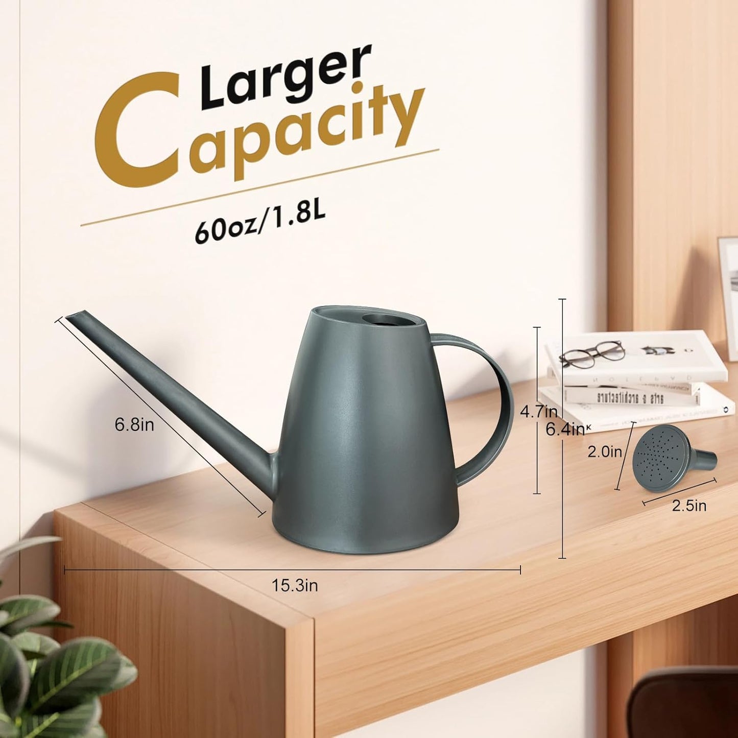Watering Can for Indoor Outdoor Plants, Modern Small Watering Cans with Removable Nozzle, Long Spout Watering Can for Indoor Bonsai Plants Garden Flowers 1/2 Gallon 1.8L 60OZ (Grey)