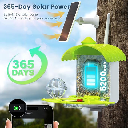 Smart Bird Feeder with Camera, AI Identify Birds Species Solar Powered, 2K HD Video Bird House with Camera, Instant Arrival Alerts, Waterproof Squirrel Proof, Gift for BirdLovers, 2.4GHz WiFi, Green