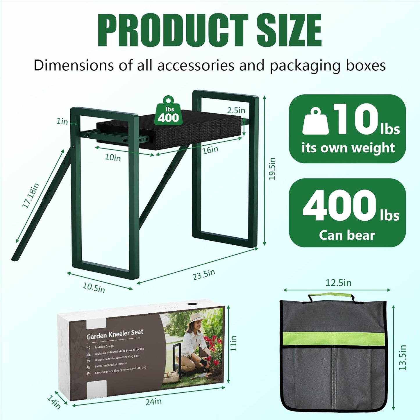 Heavy Duty Garden Kneeler and Seat for Elderly, 400lbs Capacity Foldable Gardening Stool with Support Legs & Thick Pad, Includes Large Tool Organizer Bag, Green