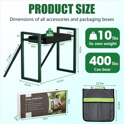 Heavy Duty Garden Kneeler and Seat for Elderly, 400lbs Capacity Foldable Gardening Stool with Support Legs & Thick Pad, Includes Large Tool Organizer Bag, Green