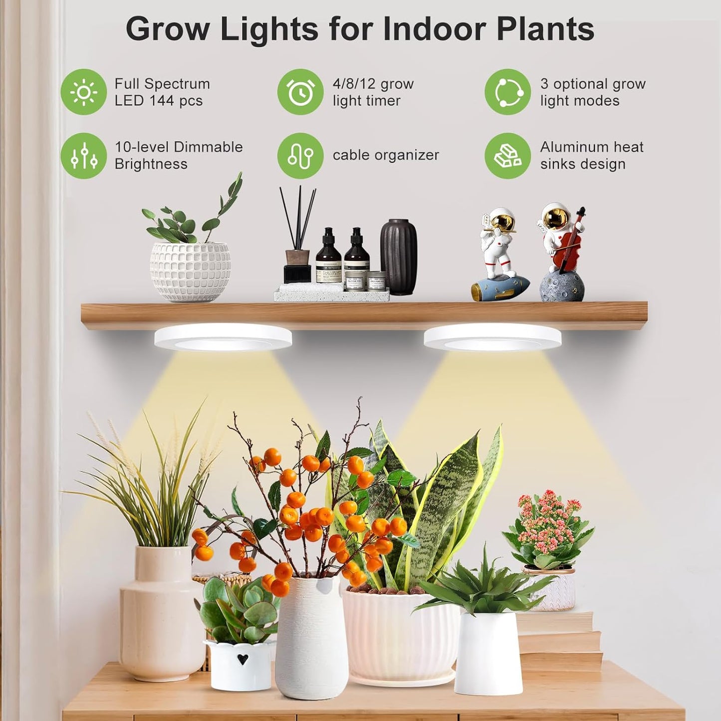 Full Spectrum Grow Light for Indoor Plants, 144 LEDs Halo Plant Light with Auto On/Off Timer (4/8/12H), 10-Level Brightness, 3 Lighting Modes, for Small Plants & Seedlings (White, Dual Head)