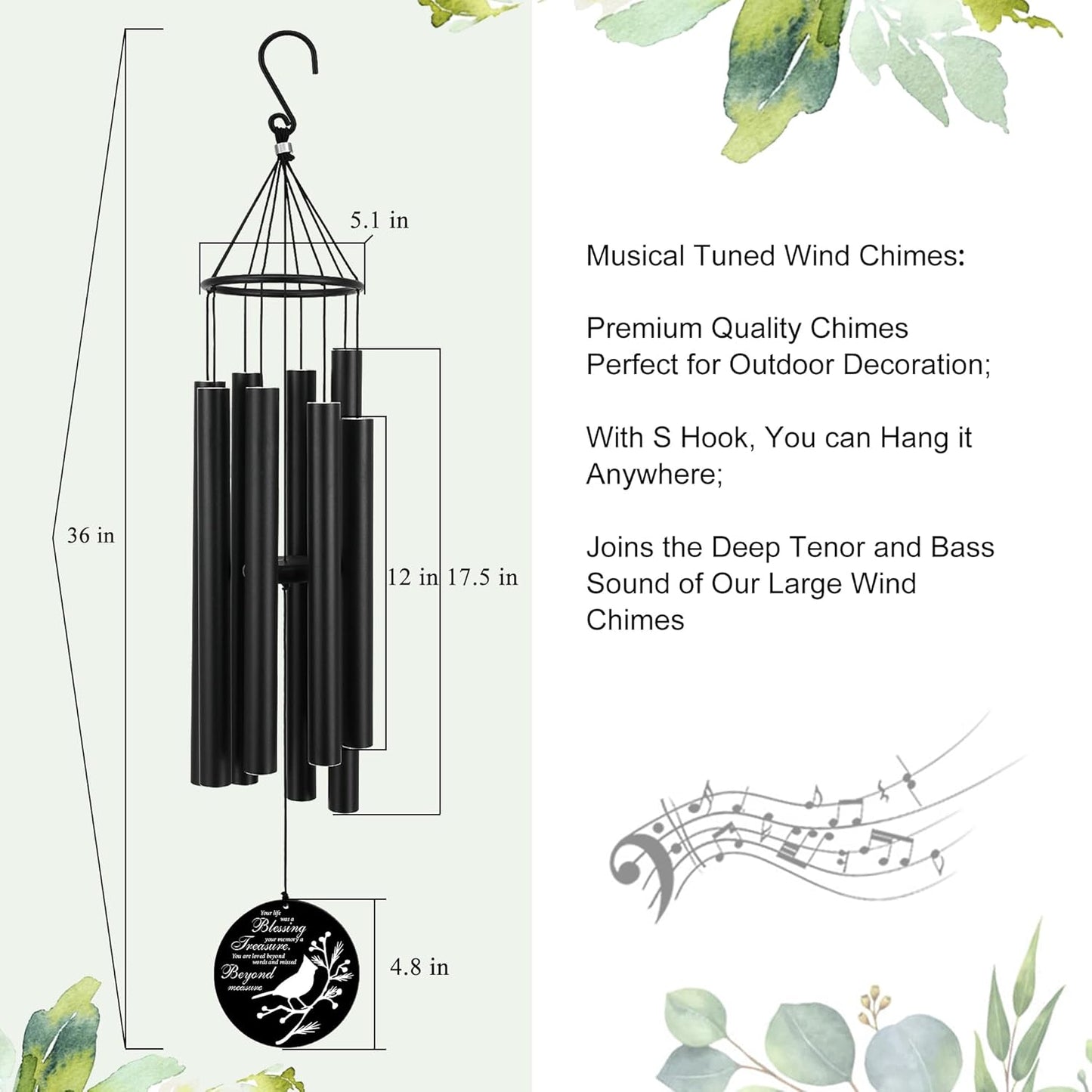 Personalized 36" Healing Memorial Wind Chimes for Outside, Bereavement Gift of Comfort for Loss of Mother, Father or Husband, A Soothing Remembrance for Your Garden and Patio