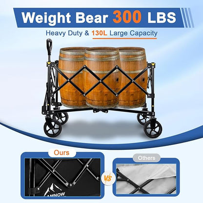 Collapsible Wagon Cart with Wheels Foldable, Folding Wagons Carts with Silent Universal Wheels, Large Grocery Cart On Wheels, Heavy Duty Utility Wagon for Shopping Beach Sports Fishing Camping, 130L