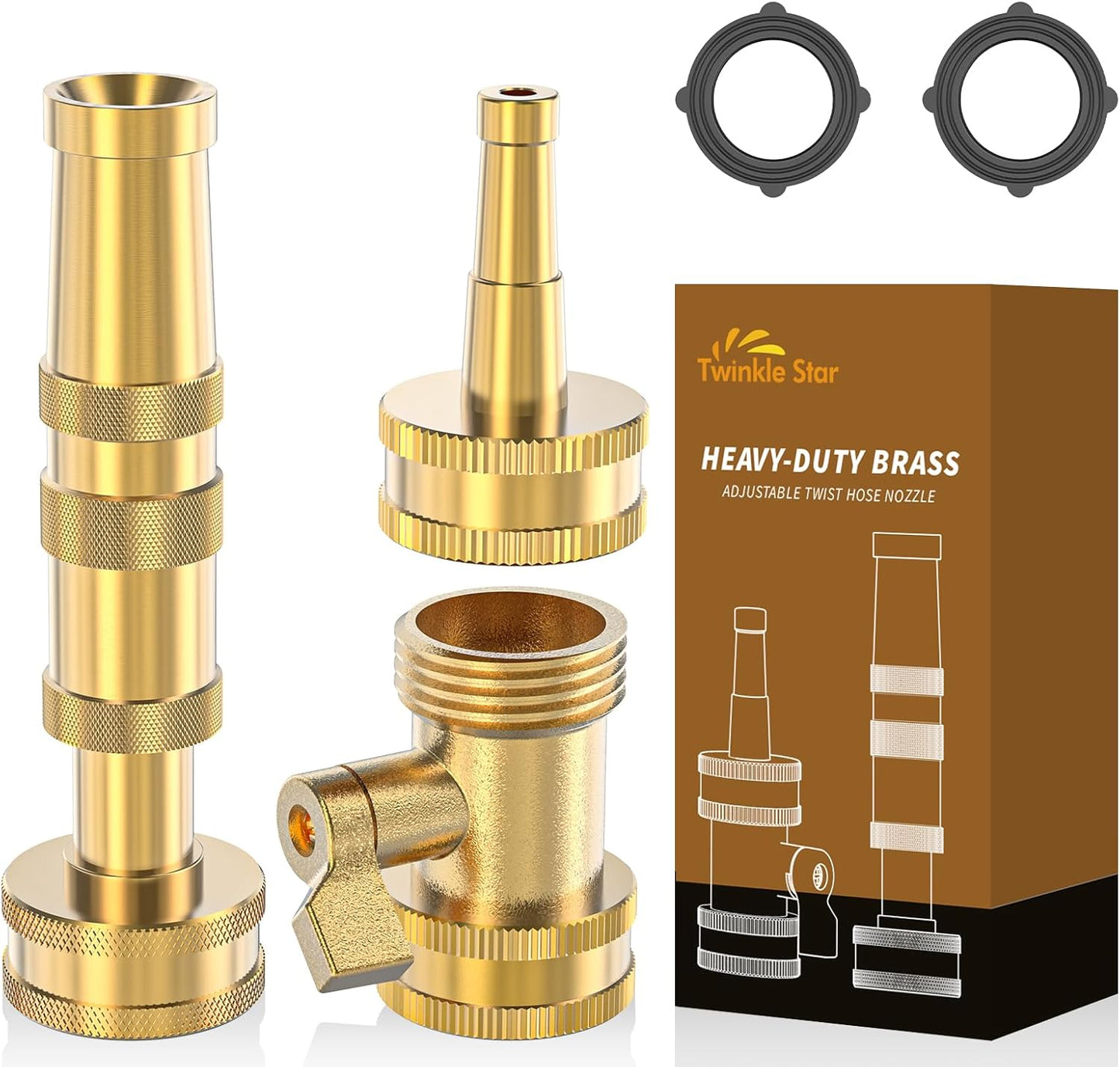 Twinkle Star Heavy-Duty Brass Adjustable Twist Hose Nozzle, High Pressure Hose Nozzle with On-Off Valve, Leakproof Operation 3/4" GHT Connector 3 Pack