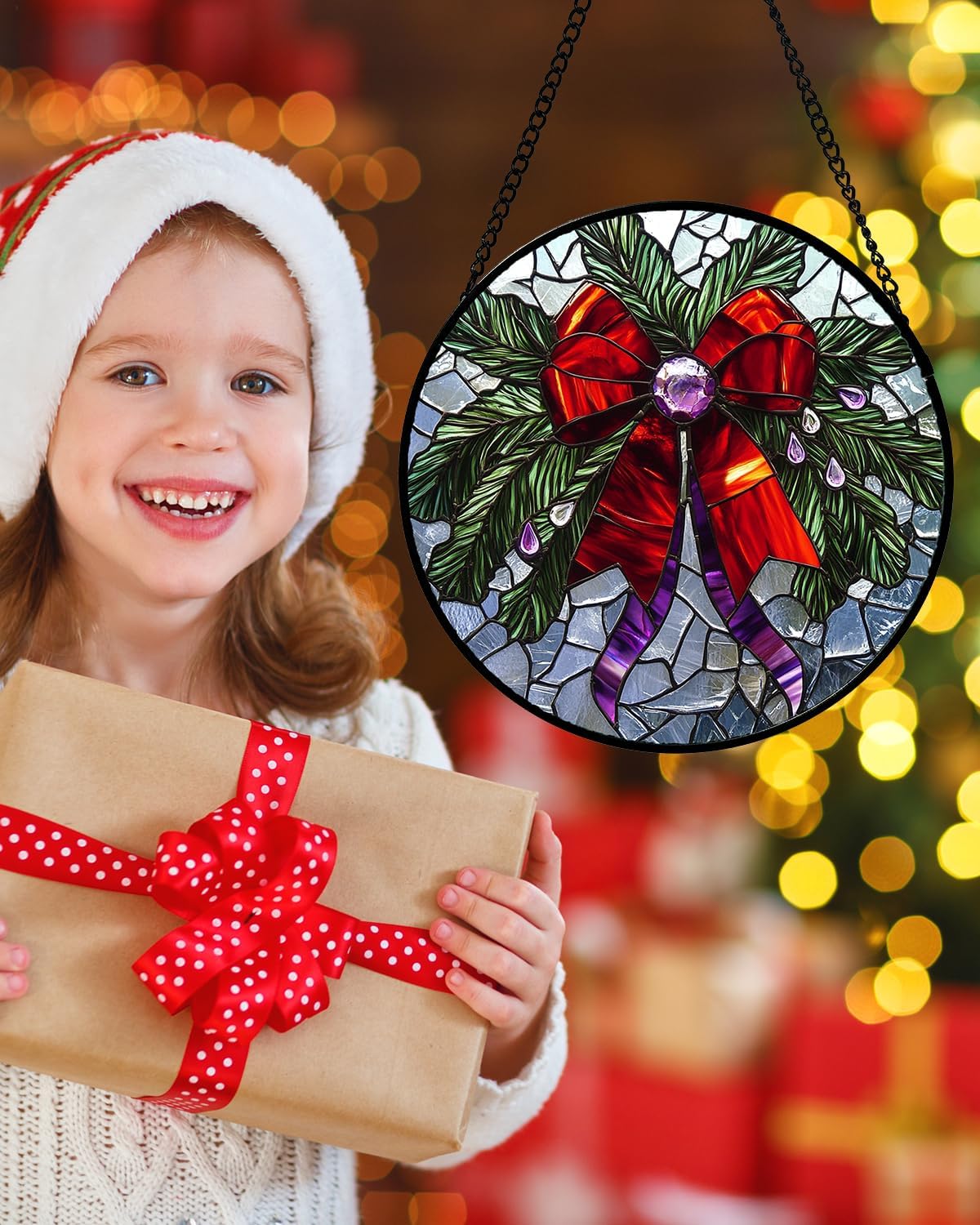 Stained Glass Window Hanging - Purple Gem Christmas Wreath Suncatcher for Doors Home Christmas Decoration Winter Sun Catcher Thanksgiving New Year Birthday Gifts for Women Mom Nana 11.8 in