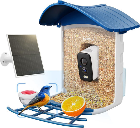 SEHMUA Bird Feeder with Camera, Solar Powered, AI Identify 10,000+ Species, Smart Bird Feeder with Live View, Ideal Present, 2.4GHz WiFi, Blue