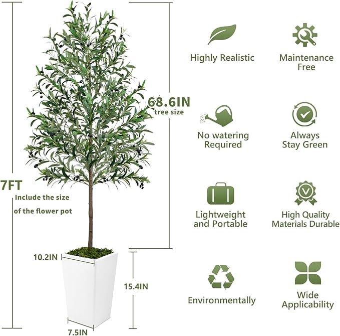 Olive Trees Artificial Indoor 7ft, Tall Faux Silk Plant with Pot, Realistic Leaves and Natural Wood Trunk Fake Trees with Lifelike Fruits for Home Office Decor Bedroom Livingroom Entryway Housewarming