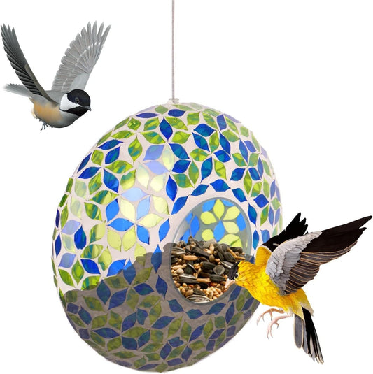 Mosaic Bird Feeder - Outdoor Fly Through Wild Hanging Bird Feeders with Mosaic Glass Design for Garden, Yard, Backyard, Deck and Porch Decor, 9 Inch