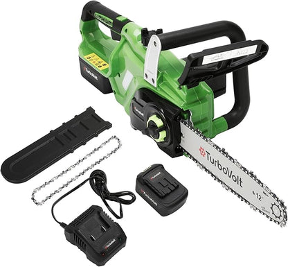 Cordless chainsaw 12 inch, 20V Electric chain saw with 3000RPM Brushless Motor | 4Ah Battery & Charger | Tool-free Tension | Auto Oiler, for Cutting Firewood, Tree Pruning, Trimming, Storm Cleanup