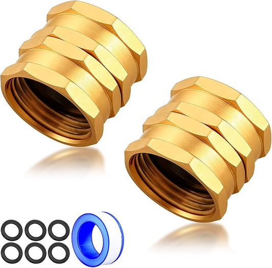 UNWAVER Solid brass Garden Hose Fittings female Connectors Adapter Heavy Duty brass double female faucet leader coupler dual water hose connector(3/4"GHT) 2 Pcs