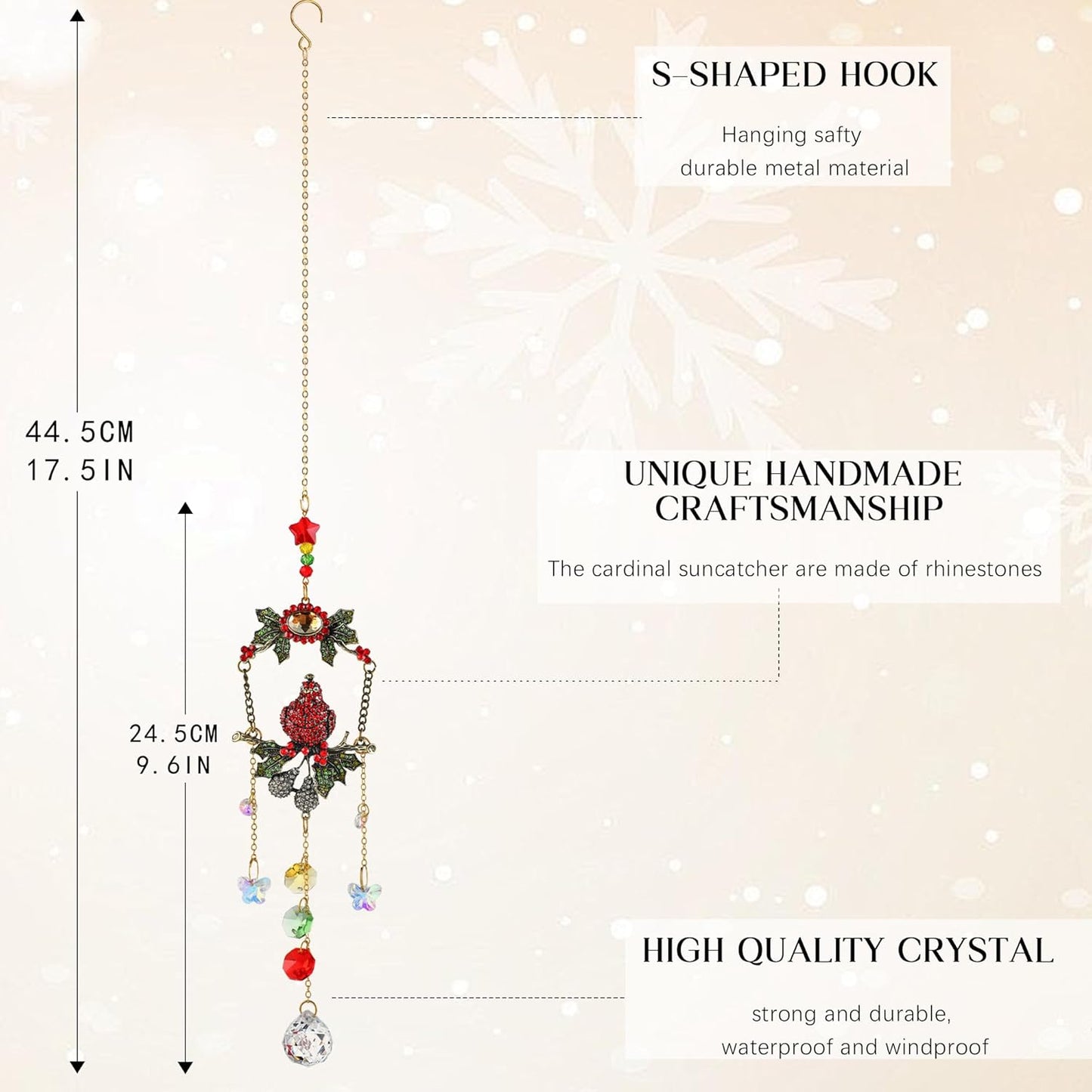 H&D HYALINE & DORA Cardinal on A Branch Suncatchers for Windows 17.5 Inch Crystal Sun Catcher with Metal Chain and Hooks Christmas Birthday Gift for Bird Lovers Women