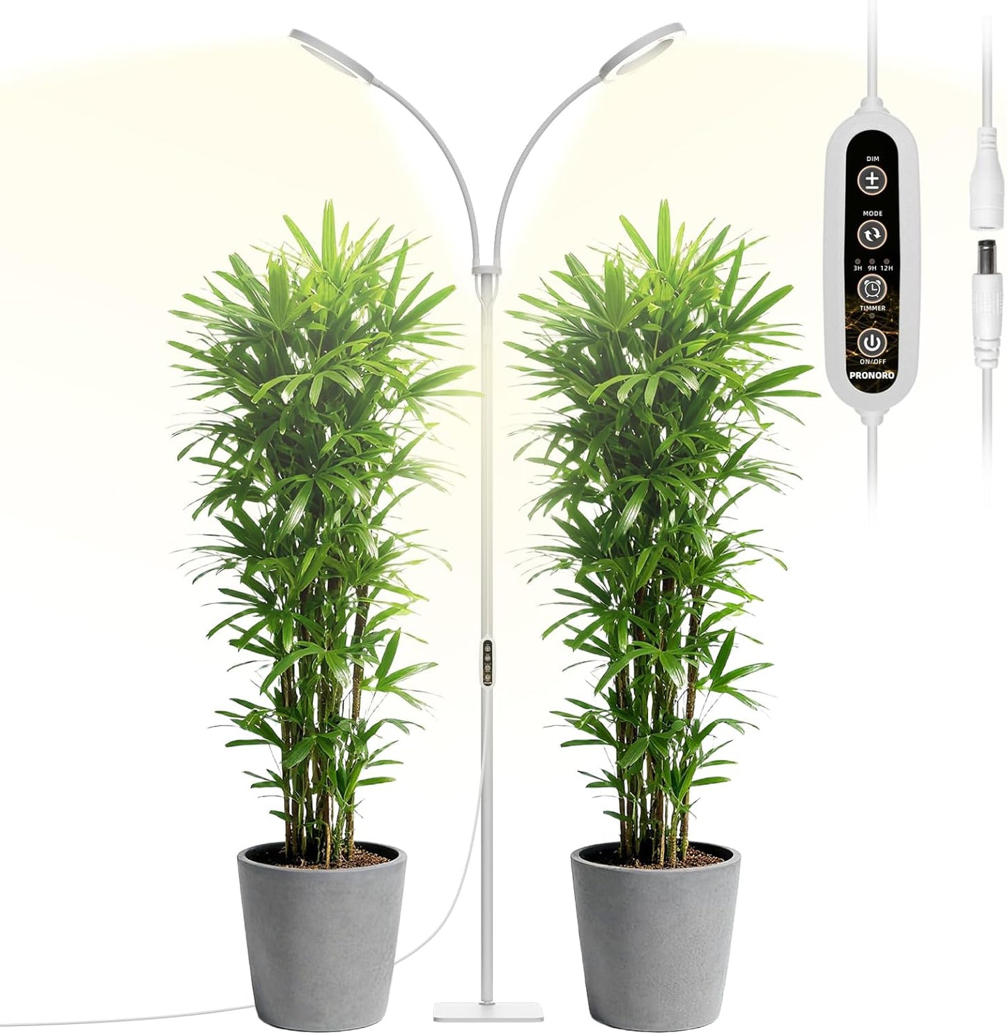 PRONORO Grow Light for Indoor Plants,Full Spectrum 2-Head LED Grow Light,Standing Grow Light for Large Plants,Auto ON/Off Timer,6 Dimmable Levels,3 Spectrum Light Modes,Height Adjustable,36W