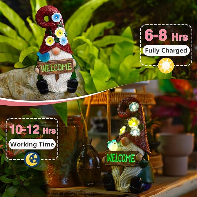 Solar Gnome with Wlecome Decor for Yard Decorations - 10 Inch Gnome Statue Decor for Outdoor,Perfect Garden Gifts for Women,Mom