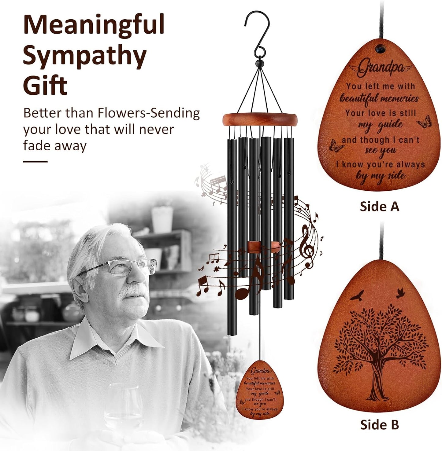 Memorial Gifts for Loss of Grandpa,Memorial Wind Chimes 25'', Loss of Grandfather Sympathy Gifts, Home Decor Outdoor Garden, Soothing Melodic Tones with Mute Option
