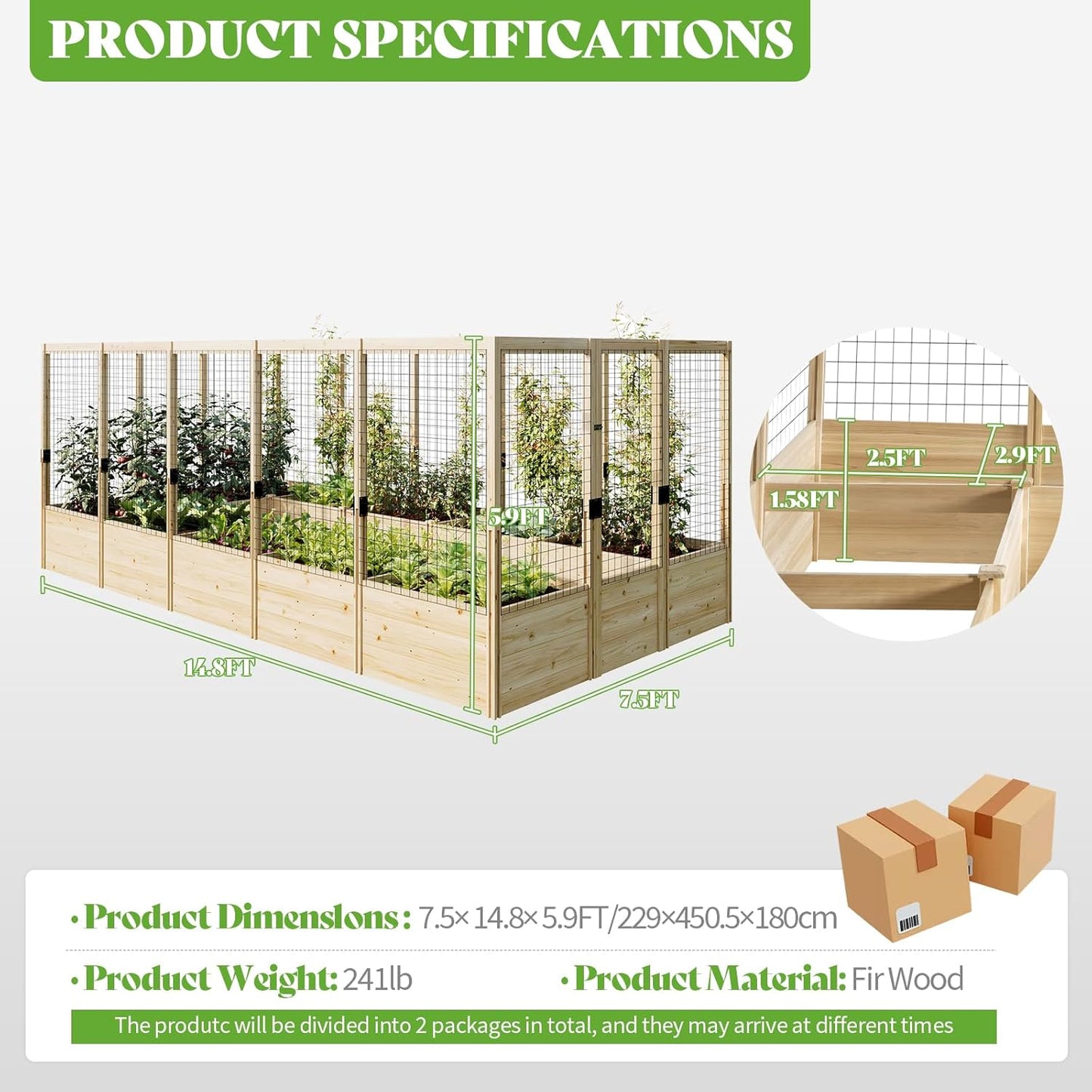 PaPaJet Wooden Raised Garden Bed for Outdoor, Eleven Grid Deep Large Planter Box with Netting for Gardening, Vegetables, Flowers, Herbs（7.5× 14.8× 5.9FT）