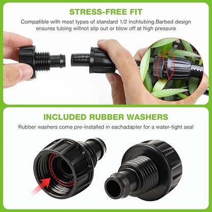 Bonviee 10 Pack 3/4” Female Hose Thread to 1/2” Drip Irrigation Tubing Adapter, Leak-Proof Garden Faucet Connector with Lock Nut & Gasket, No Clamp Needed, for DIY Drip Systems, Hose Bibb, Spigot