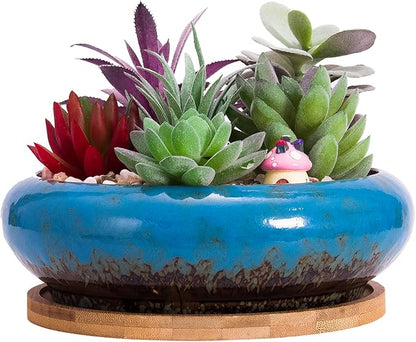 ARTKETTY Succulent Pots - 7.3 Inch Large Succulent Planters with Drainage Ceramic Bonsai Pots with Bamboo Tray, Shallow Planters for Indoor Cactus Plants Decorative Flower Plant Container