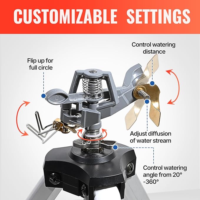 YAMATIC Impact Sprinkler on Adjustable Tripod Base, 360 Degree Large Area, Heavy Duty Adjustable Pulsator Sprinkler for Lawn, Yard and Grass Irrigation, Spray up to 20-90ft(Zinc Head)