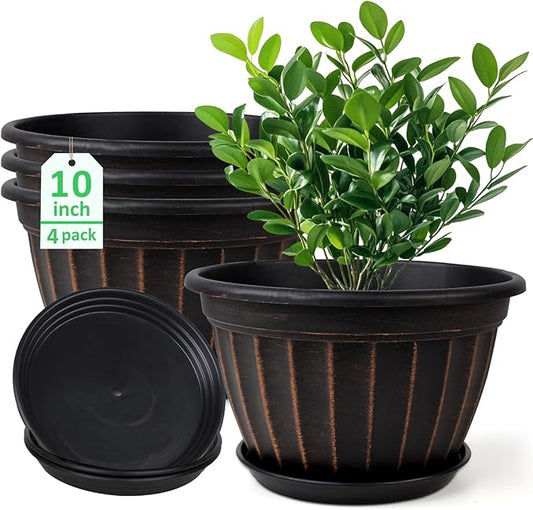 FGstyle 10 Inch Plants Pot,4 Pack Flower Pots,Planters Pot with Drainage Hole & Saucer,Modern Planters for Indoor Outdoor Plants,Decorative Resin Garden Pots for Outdoor Indoor Home Plants (Black)