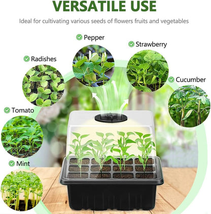 Seedling Starter Trays 5 Packs Seed Starter Tray with Grow Light, Smart Controller Seed Starting Trays Kit with Humidity Dome (60 Cells) Indoor Gardening Plant Germination Trays Black