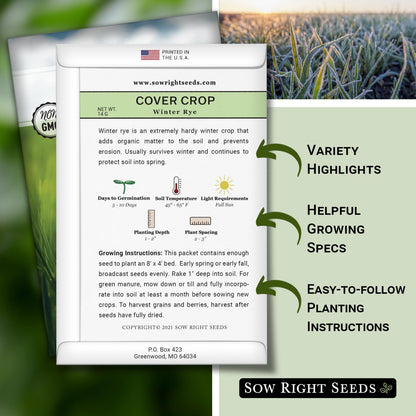Sow Right Seeds - Winter Rye Seed for Planting - Cover Crops to Plant in Your Home Vegetable Garden - Enriches Soil and Adds Organic Matter - Helps Erosion - Non-GMO Heirloom Seeds - Gardening Gift